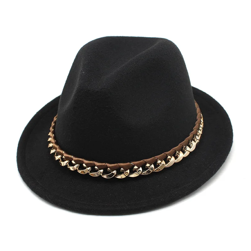 

Cross Border Woolen Women S Hat Autumn And Winter British Vintage Bowler Hat Women S Acrylic Chain Denim Fedora Hat