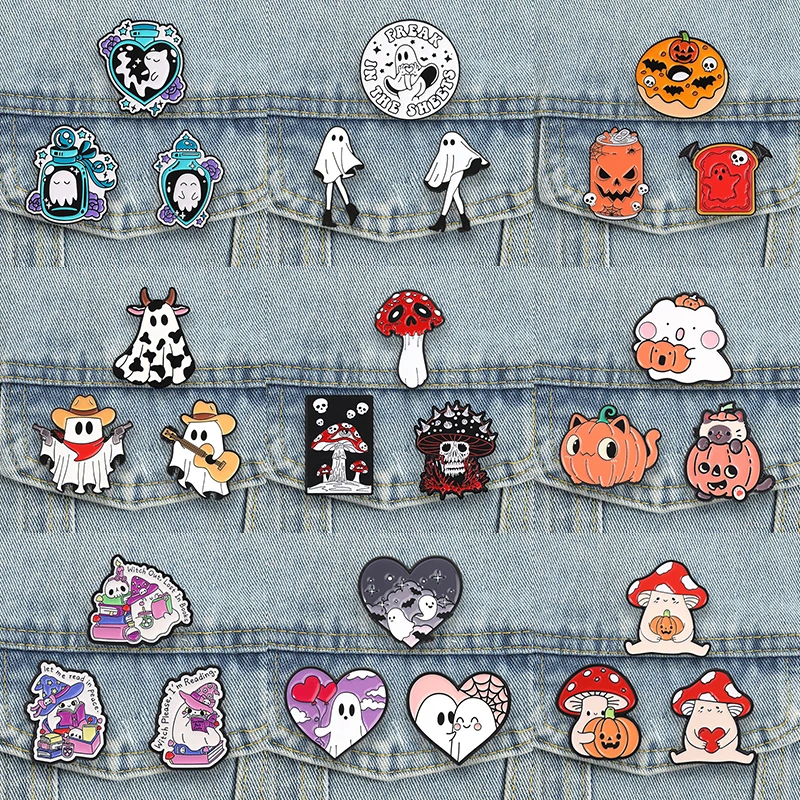 2-4pcs/set Spooky Halloween Badge Boo Coffee Enamel Pin Skull Mushroom Pumpkin Death Cat Brooch Punk Goth Ghost Boo Accessory