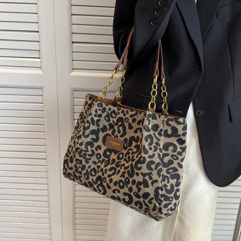 Leopard Print Canvas Tote Bag, Fashionable Shoulder Bag For Women, Perfect For School, Office, And Shopping