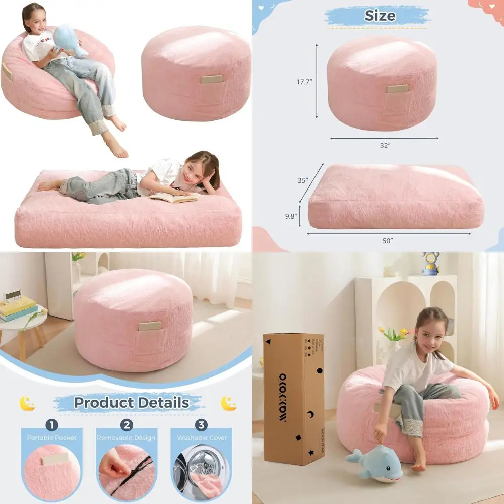 

Convertible Kids Bean Bag Chair: Pink Sofa Bed for Boys and Girls, High-Density Foam Filling