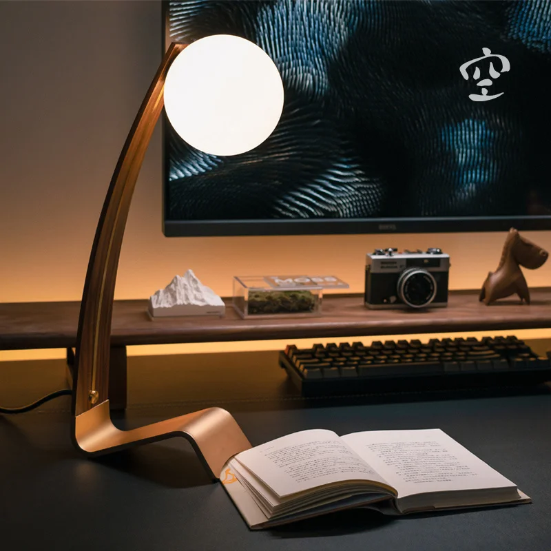 

French Vintage Copper Base Wooden LED Table Lamps White Glass Ball Lampshade Living Room Bedroom Restaurant Office Desk Lights