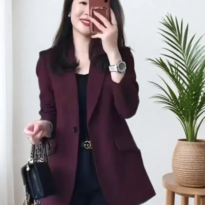 Burgundy Blazer Women's New Summer Loose Casual Professional Suit Top