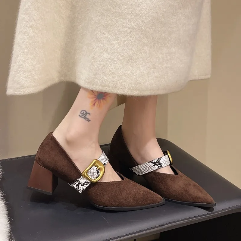 

Новые женские модные туфли на одинарной платформе, новые осенние туфли с острым носком и металлической пряжкой, туфли без шнуровки на блочном каблуке