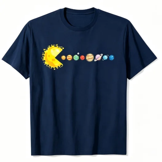 Sun Pacman Eating Planets Grafik-T-Shirt mit Sonnensystem-Weltraum-Print, Kurzarm, Lässige Streetwear-Oberteile – Detail 2