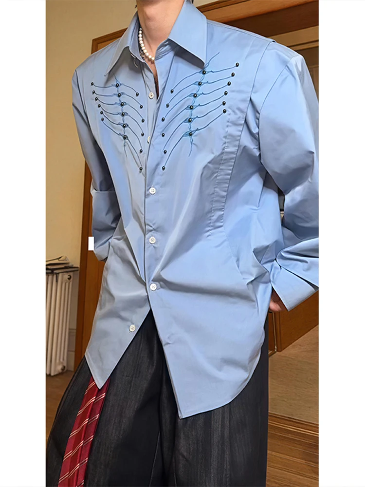 

Blue Long Sve Men's irt oulder Pads Rivet Design Casual Faion Spring Autumn Polyester Fiber No Ironing Treaent