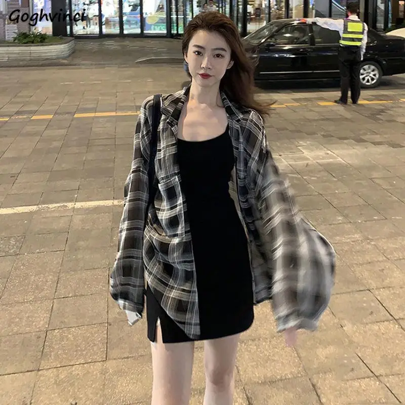 Shirts Women Plaid Baggy Elegant Daily Outwear Chiffon Summer Sun-proof Casual Trendy Female Ulzzang Long Sleeve Clothes Basic