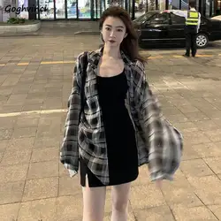 Koszule damskie Plaid Baggy eleganckie codzienne znosić szyfonowe, letnie odporne na słońce na co dzień, modny damski Ulzzang z długim rękawem Basic