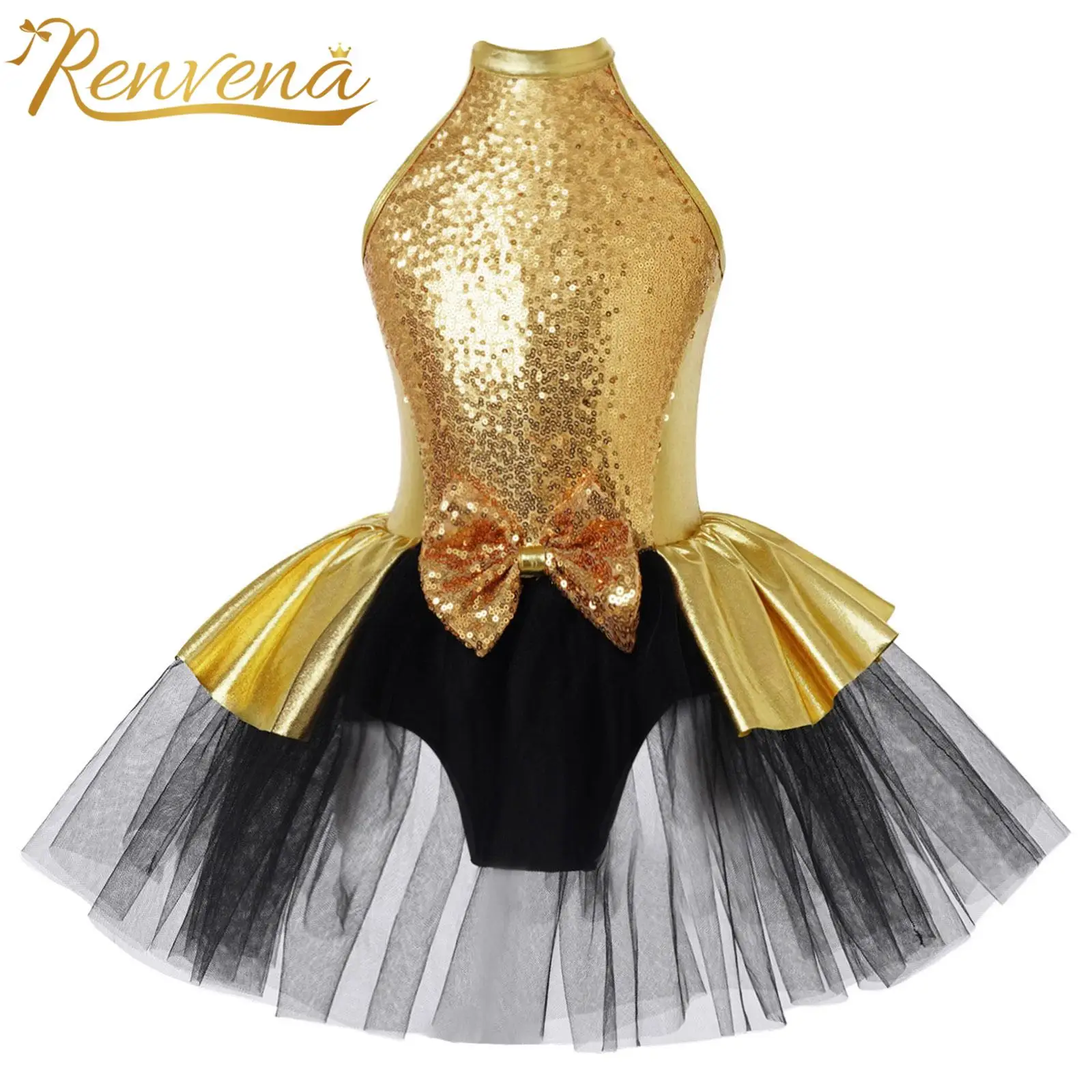 

Girls Ballet Dress Kids Sleeveless Metallic Sequins Bowknot Tutu Gymnastic Leotard Jazz Modern Dance Dress Performance Costume