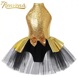 Girls Ballet Dress Kids Sleeveless Metallic Sequins Bowknot Tutu Gymnastic Leotard Jazz Modern Dance Dress Performance Costume