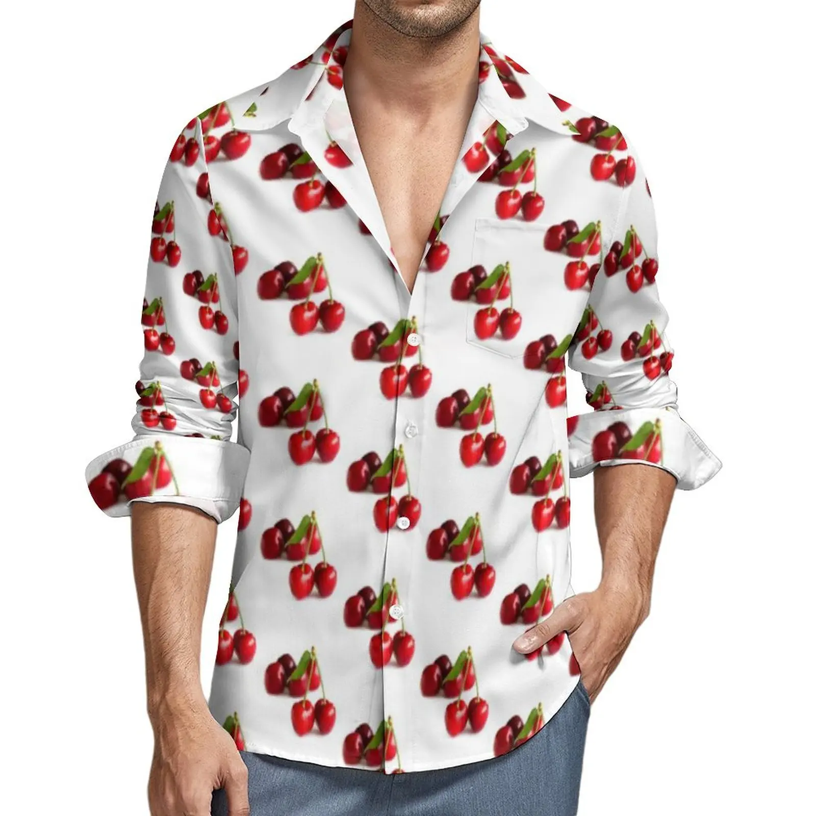 Sweet Cherry Casual Shirt Men Vegetarian Breathable Shirt Spring Vintage Blouse Long Sleeve Printed Oversized Clothing