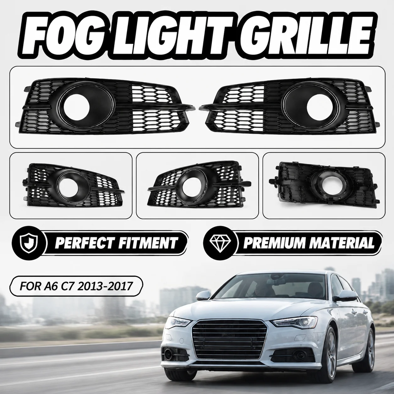 Set griglia fendinebbia paraurti anteriore inferiore per Audi A6 C7 2013-2017, copertura a nido d'ape in rete solida con foro ACC, OE 4G0807681AG 4G0807682AG, ricambio durevole resistente alle