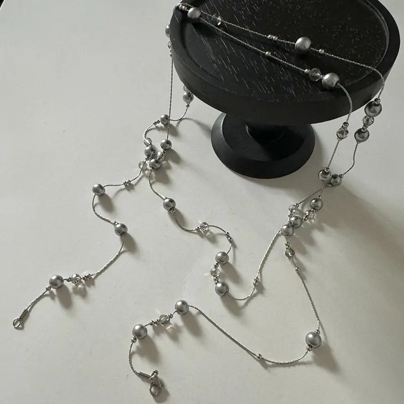Y2K Silver Gray Pearl Stacked Collarbone Chain American High-end Long Sweet and Cool Sweater Chain Accessories
