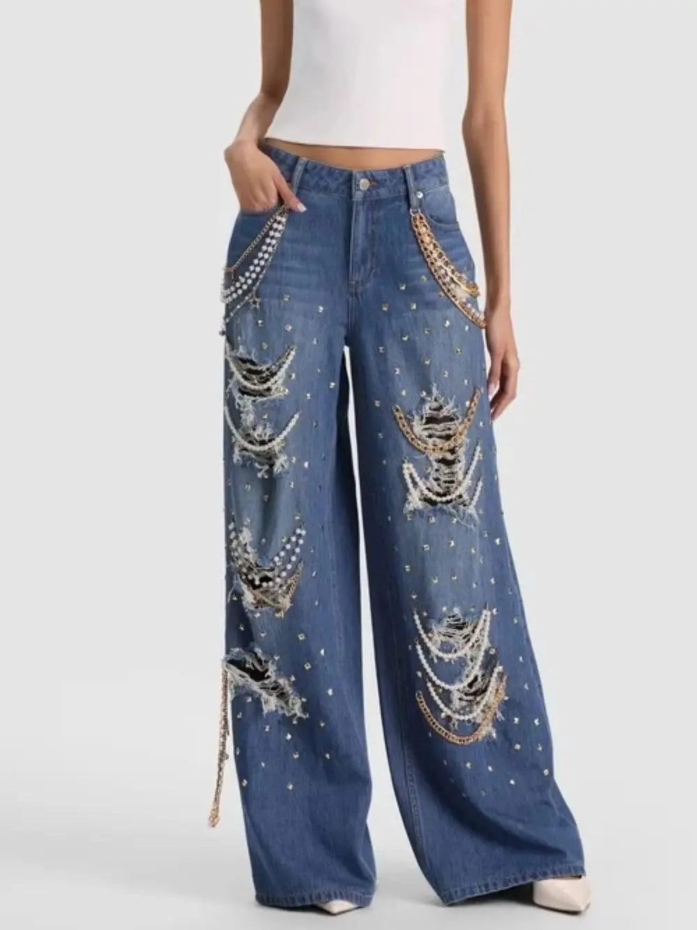 Ladies Pearl Chain Decoration Fashion Jeans Rivet Hollow Out High Waist Loose Denim Pants