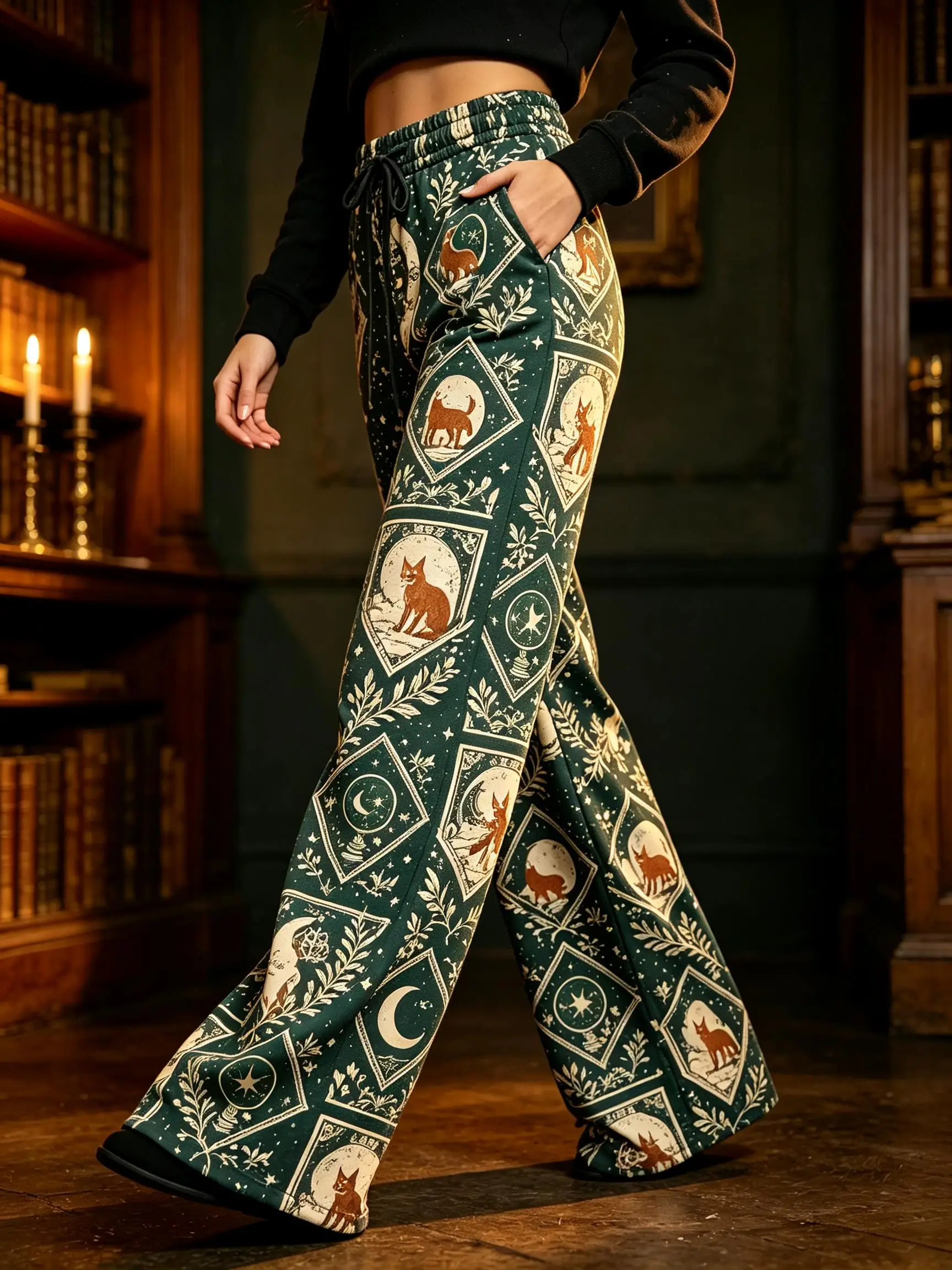 Halloween Women Gothic Tarot Black Cat Moon Print Wide Leg Sweatpants Drawstring Elastic Waist Casual Trousers With Pockets