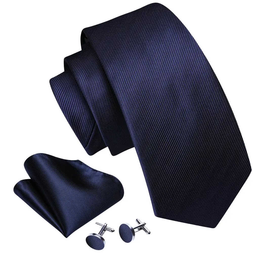 Business Dark Blue Men Accessories Necktie Handkerchief Cufflinks Sets Fashion Silk Solid Ties Designer Party Barry.Wang LN-6473