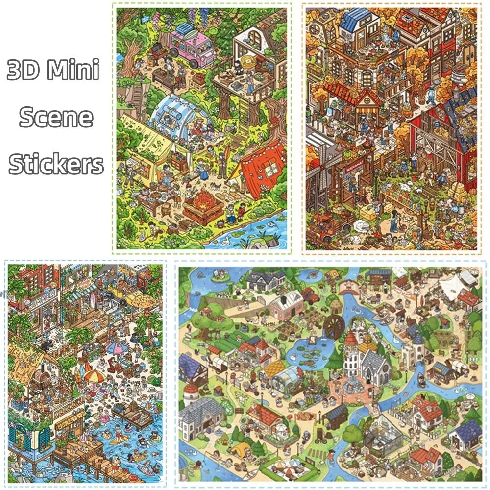 Travel Theme 3D Stacking Stickers PET Die-cut Island Beach Mini Scene Stickers Camping Farm Large Size Scrapbook Stickers