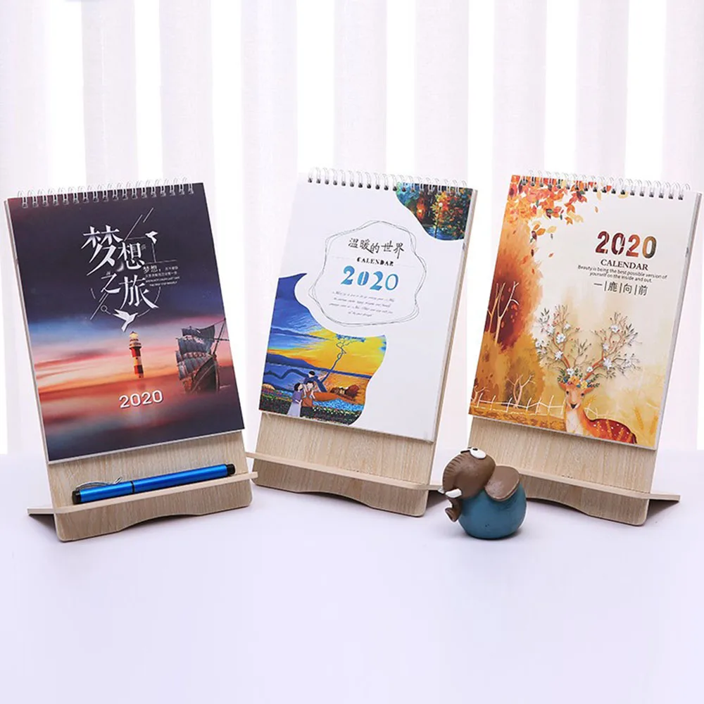 2020 Cute Cartoon Wood Desk Desktop Calendar Schedule Table Office Plan Random Mobile Phone Holder