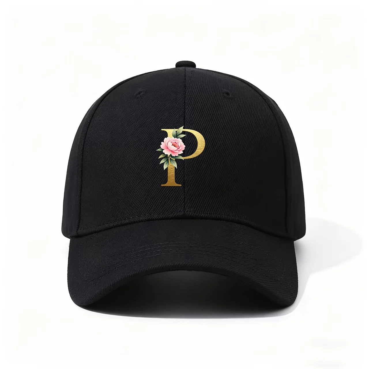 Baseball Cap, Golden Letter P Pink Peony Watercolor Delicate Noble Floral Elegant Wedding Souvenir Warm Meaningful Holiday Premi