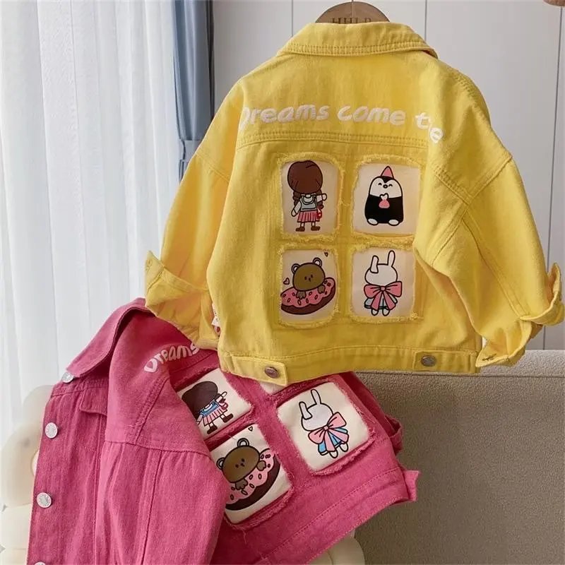 2023 New Spring Autumn Denim Girls Jacket Fashion Cartoon pink Windbreaker Jackets For Kids Children Clothing OuterwearCoats