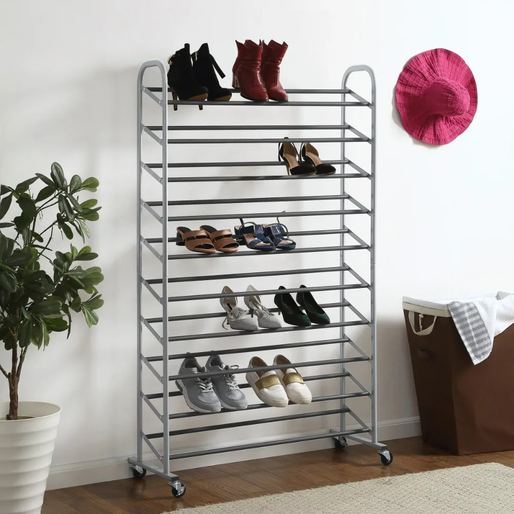 

10-Tier Rolling Shoe Rack Shoe Racks Free Shipping Up to 30 Pair of Shoes Silver Finish Shoerack Shoes Storage System Shoe-shelf