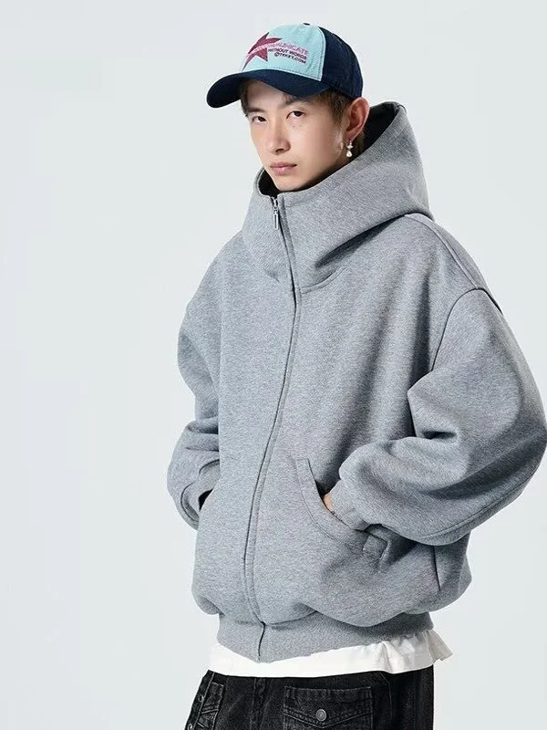 Grey Hooded Cardigan Sweatshirt Loose Casual Double Zipper Jacket for Teens Spring Autumn Seasonal Polyester Fiber Fleece Lined