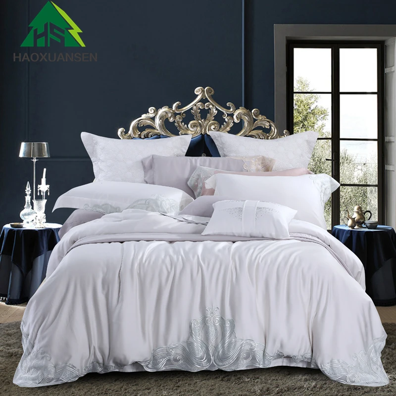 Delicate Lace Bedding Sets 1000TC Lyocell 4/7Pcs Silky Soft White Silver Duvet Cover Sheets Pillowcase Comfortable Breathable