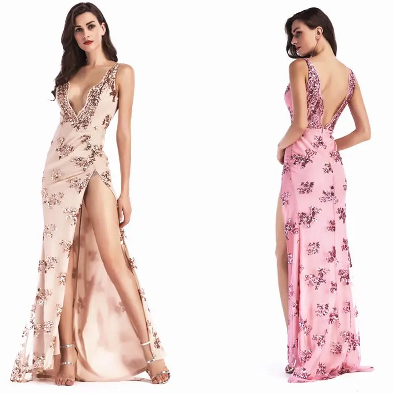 ชุดเดรสยาวเซ็กซี่แบบมีสายรัดประดับเลื่อม คอวีลึก ผ่าข้าง สำหรับผู้หญิง ฤดูร้อน 206 เหมาะสำหรับงานแข่งรถ