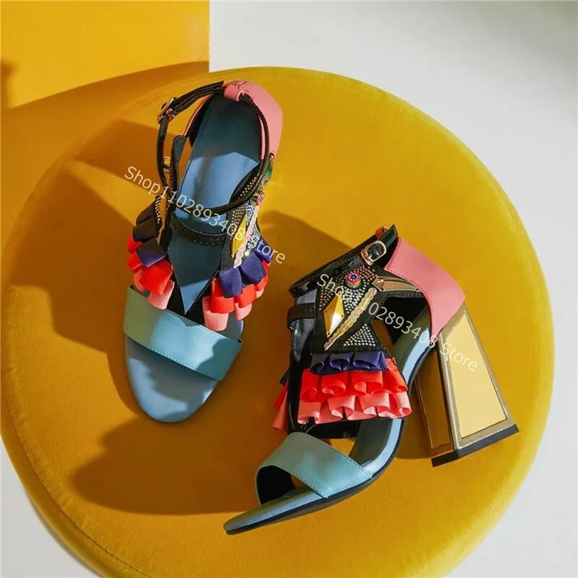 Mixed Color Crystal Totem Sandals Open Toe Cover Heel Shallow Chunky High Heels Women Summer Shoes Dress Shoes Zapatillas Mujer