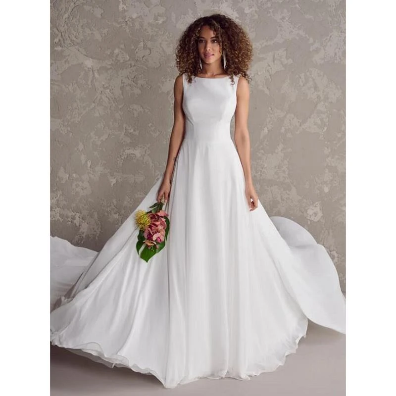 Crepe Chiffon Sleeveless A-Line Wedding Dresses Chapel Train Bridal Gowns Backless Layered Skirt