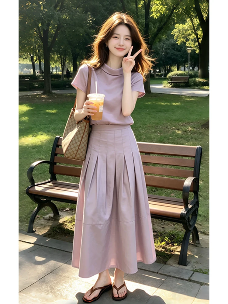 

Fashionable Pleated Half-length Skirt And Short-sleeved Top Women's Set High-waist A-line Summer Outfit Casual Style Breathable