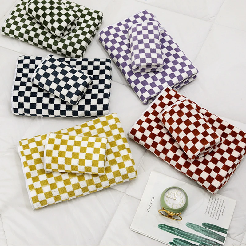 1PC Multi-color Checkerboard Towel Combed Cotton Towel Kitchen Bathroom Hotel Super Absorbent Soft Skin Friendly Cleaning Cloth