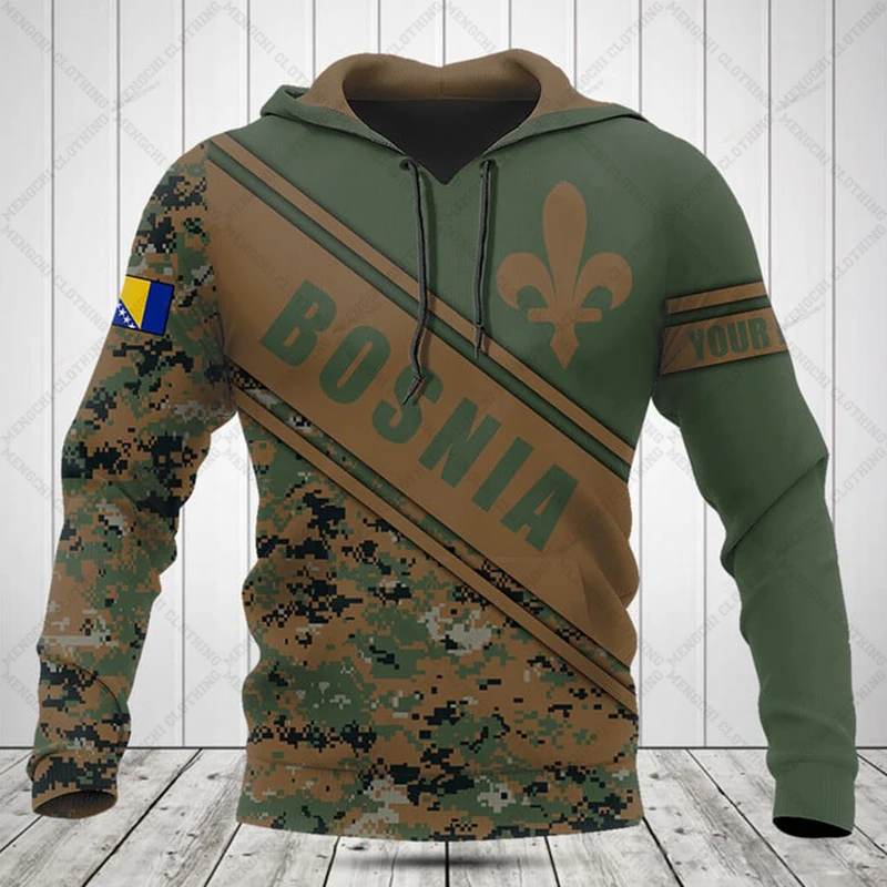 Custom Name Bosnia Lily Symbol Camouflage Hoodies Loose Unisex Pullover Sweatshirts Winter Casual Tops Outdoor Streetwear