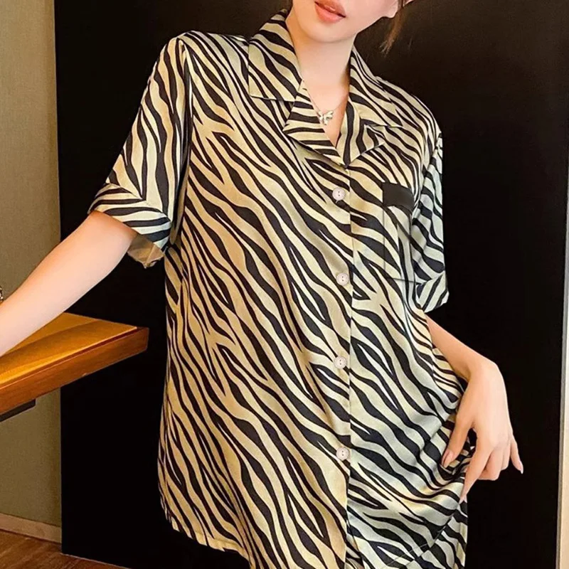 Women Pajamas Set Zebra Striped Sleepwear 2 Piece Pyjama Faux Silk Satin Homewear Short Sleeve Button Pijama Lounge Pants Pjs