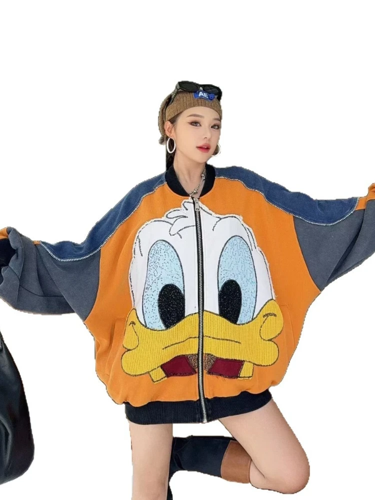 Heavy Industry Patchwork Duck Cartoon Baseball Jacket for Women Spring Autumn Heavy Industry Embroidery Jacket Trendy Brand