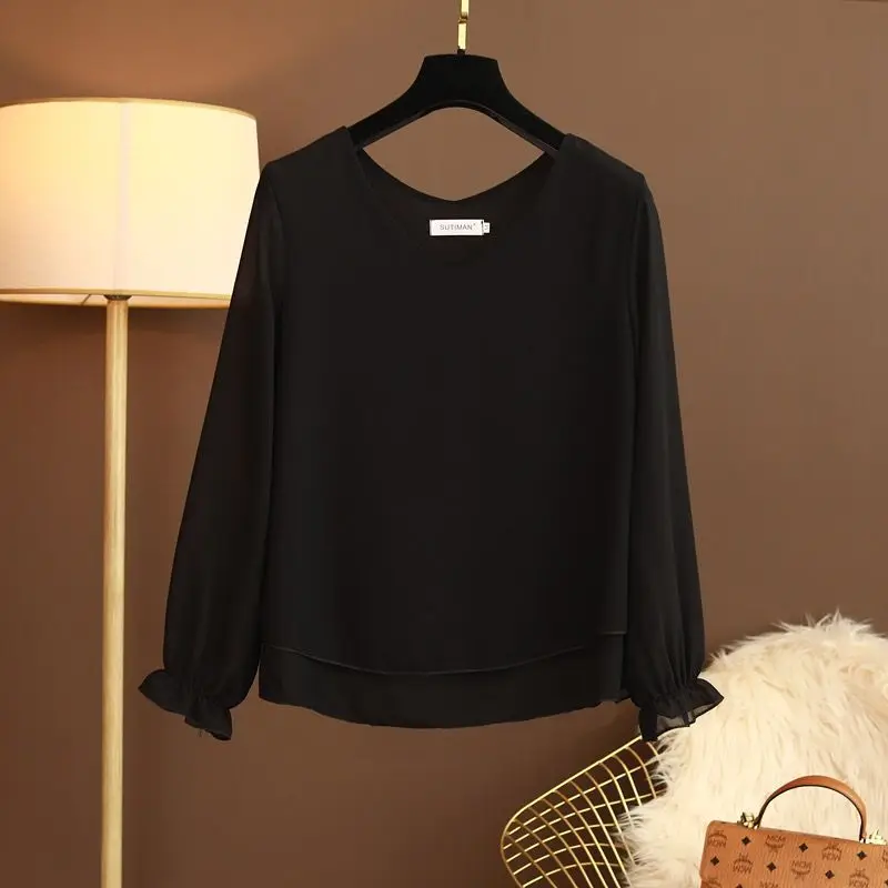 2024 Frühling Herbst neue Frauen Langarm Chiffon Bluse V-Ausschnitt Chiffon Shirt weibliche Loos übergroße Damen Tops Blusa Mujer