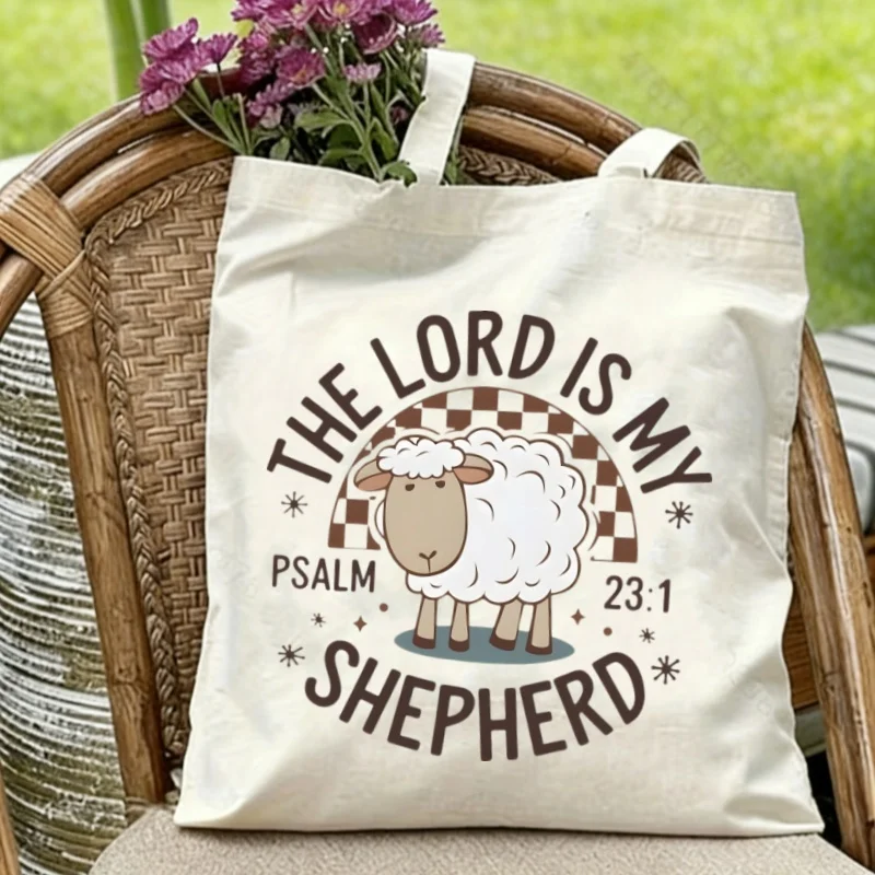 

1PC Cute Sheep Christian Quote Canvas Tote Bag Faith-based Eco-friendly Reusable Student Tote