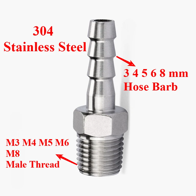 M3 M4 M5 M6 M8 Metric Male Thread To 3 4 5 6 8mm Hose Barb Tail Nipple 304 Stainless Steel Pipe Fitting Connector Air Water Gas