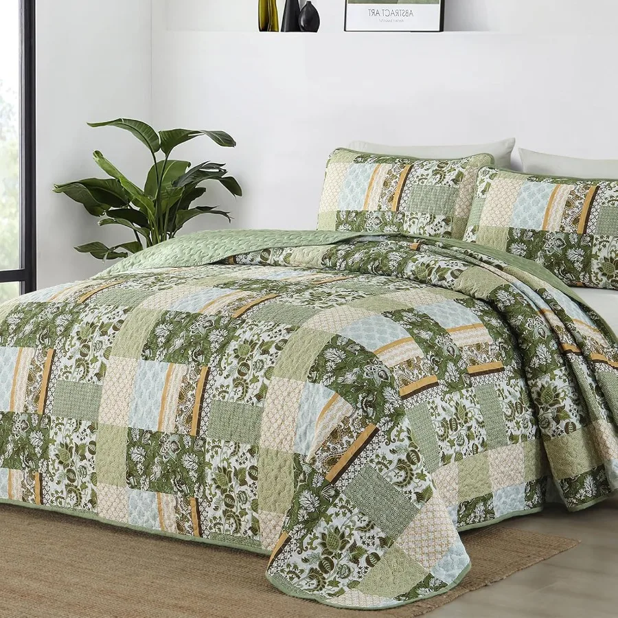 

Quilt Set Queen Size Green 3 Pieces Summer Patchwork Plaid Bedspread Coverlet Set Floral Soft Microfiber Bedding Set for All Se