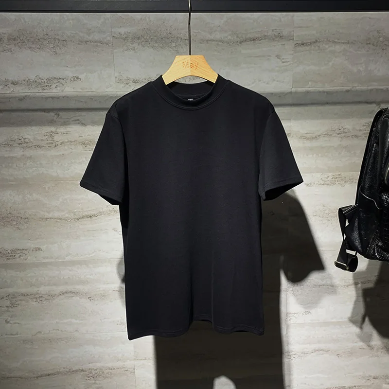 2025 Summer New Simple Solid Color Black and White Base T-Shirt Loose Casual Stand Collar Short Sleeve Comfortable Top for Men