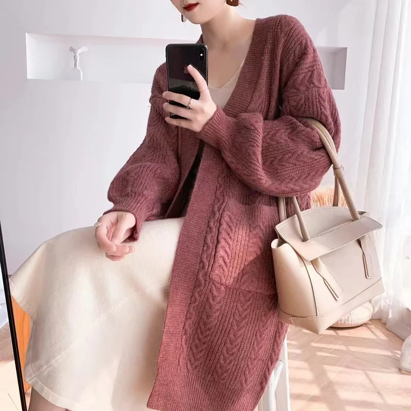 

Cardigan Jumpers Women Solid Vintage Midi Length Sweaters Knit Loose Pockets Spliced V Neck Long Sleeve Outwear Slight Strech