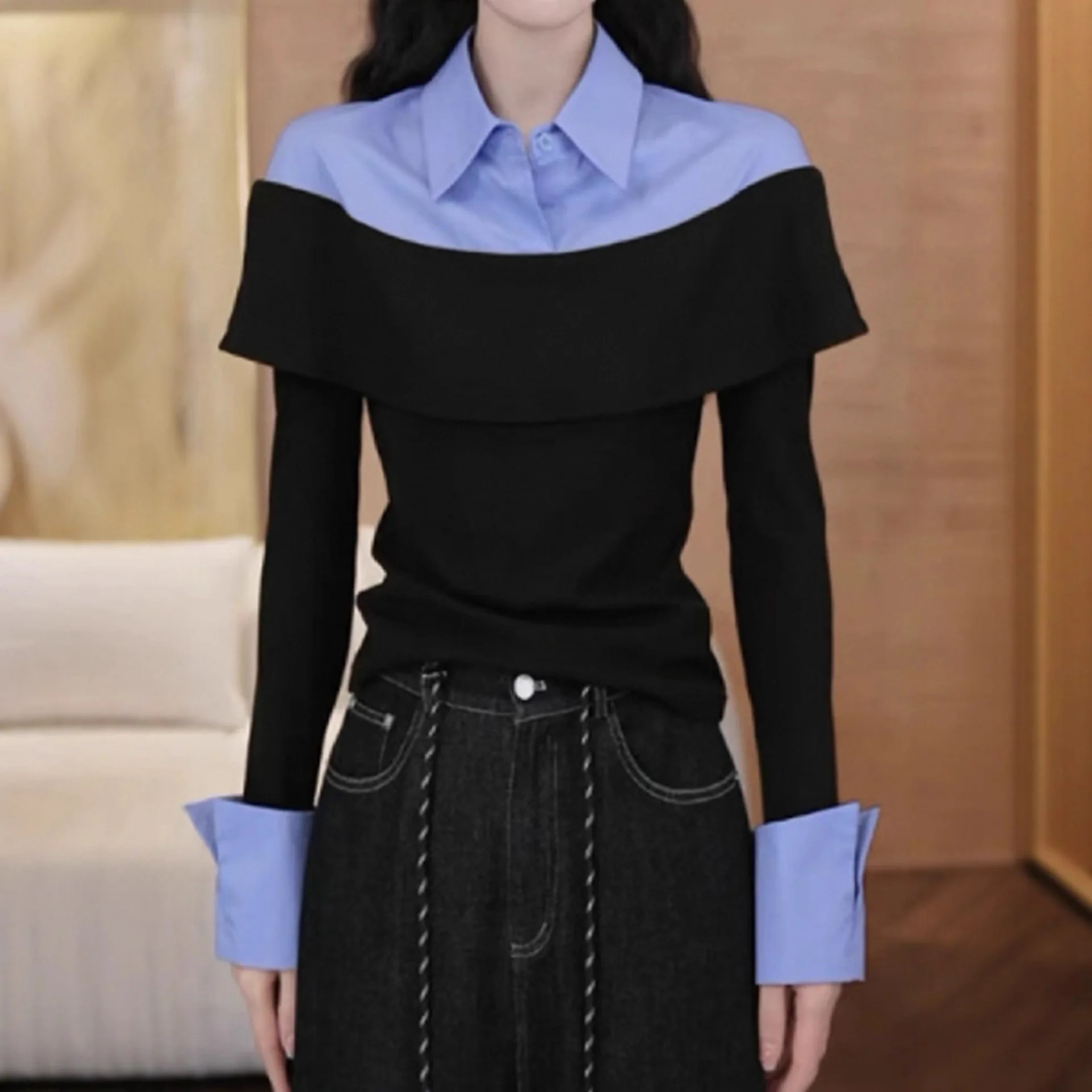 

Изысканная рубашка с цветовыми блоками и воротником-поло, имитация двухслойной рубашки, блузка с рукавами, искусно выполненная по индивидуальному заказу