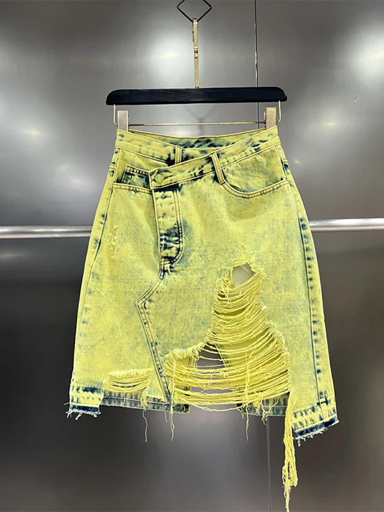 DEAT Women's Denim Skirt Fluorescent Yelloe Broken Holes Wrap Hips Patchwork Asymmetric Skirt 2024 Autumn New Fashion 29L7783