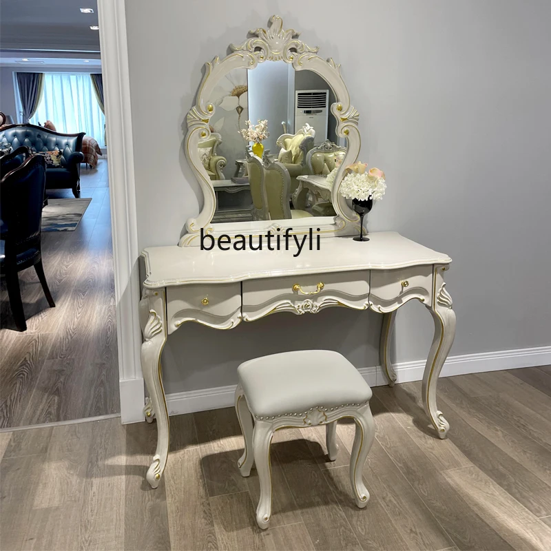 

European dressing table Bedroom makeup table with mirror and makeup stool French solid wood carving flower American walnut
