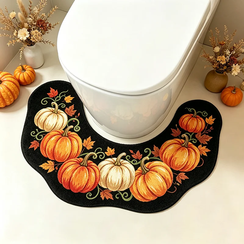 American Retro Autumn Pumpkin & Maple Leaf U‑Shaped Toilet Bath Mat Fall Oil‑Painting Bathroom Decor Rug Soft Plush Floor Mat