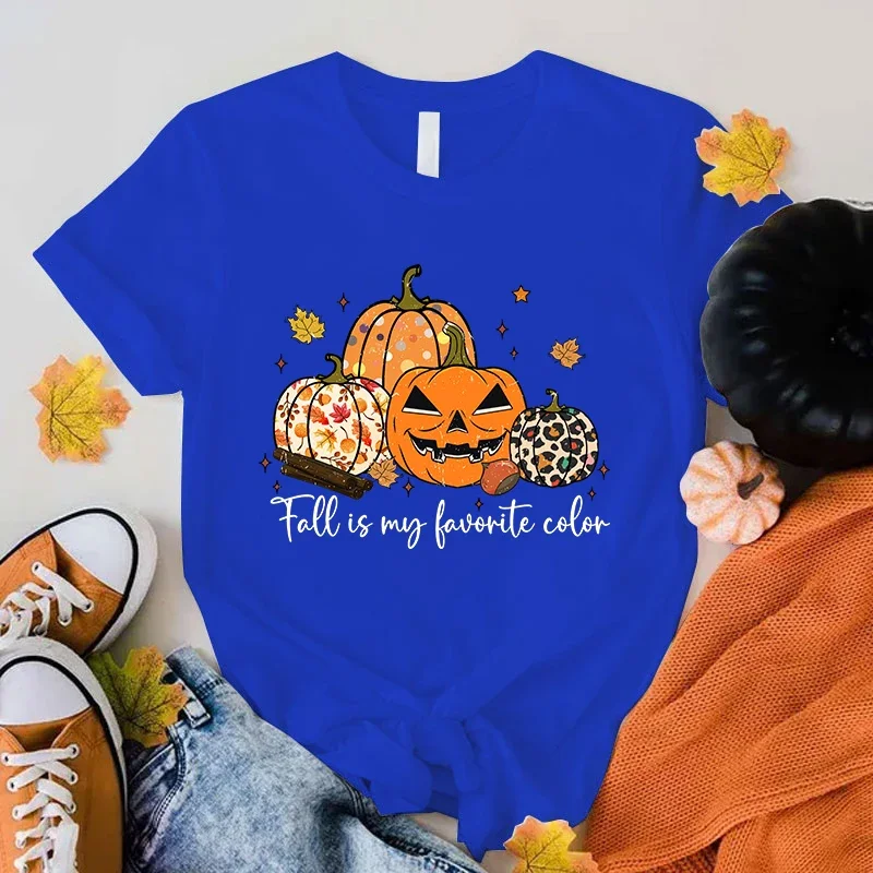 (Premium T-shirt)Funny Fall Pumpkin Is My Favorite Color Printed T-Shirts For Women Summer Short Sleeve Round Neck Cute Tops