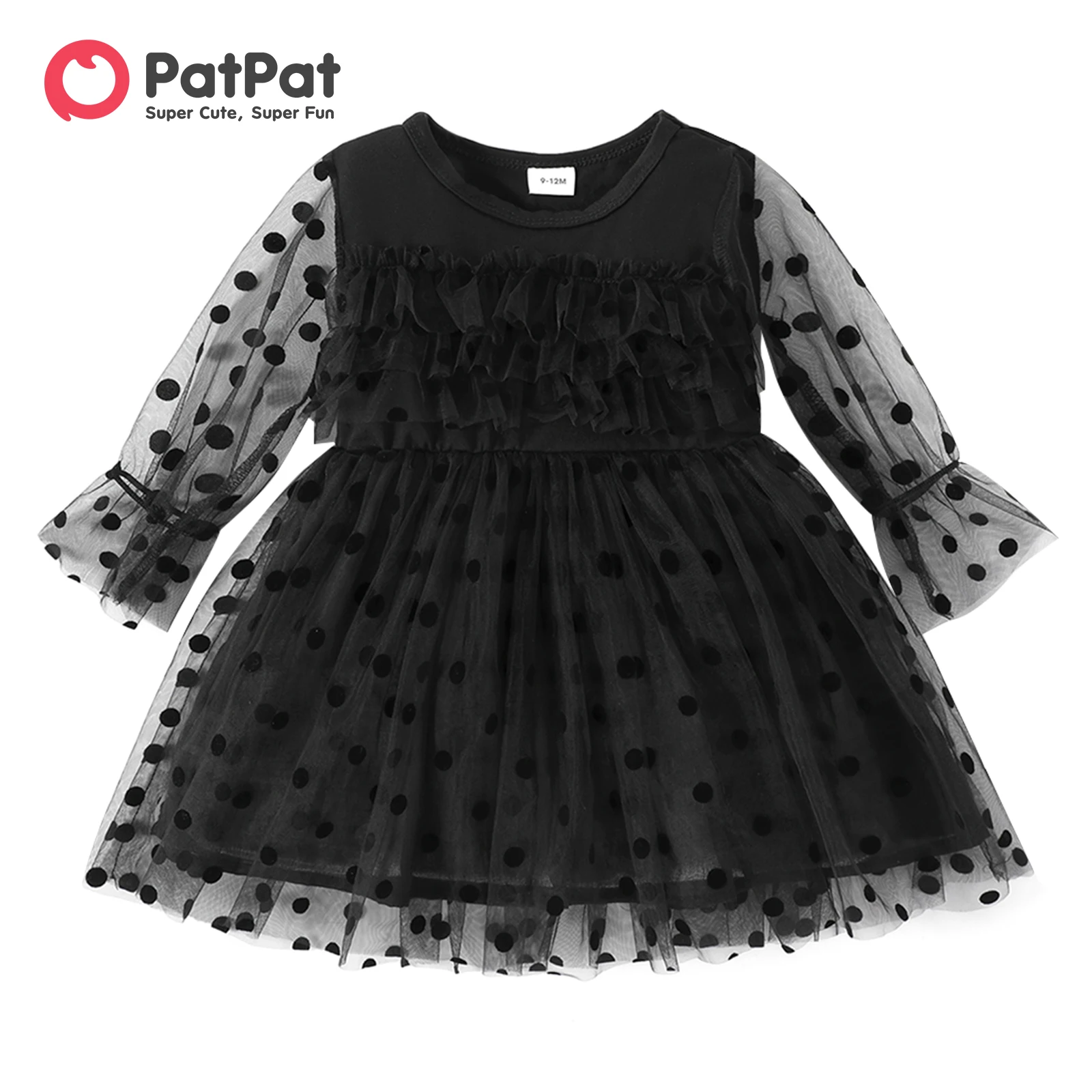 

PatPat Baby Black Polka Dots Layered Ruffle Mesh Long-sleeve Tutu Dress