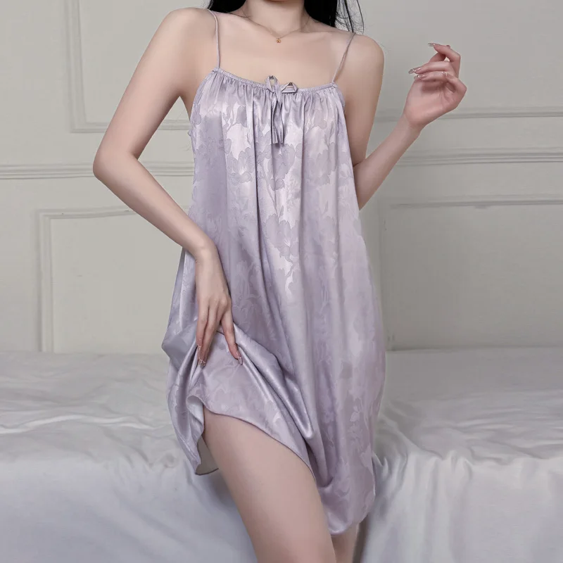 New Fashion Purple Silky Nightgown Women's Floral Print Chemise Spaghetti Strap A-Line Sleepwear Soft Comfortable Nightdress Hot