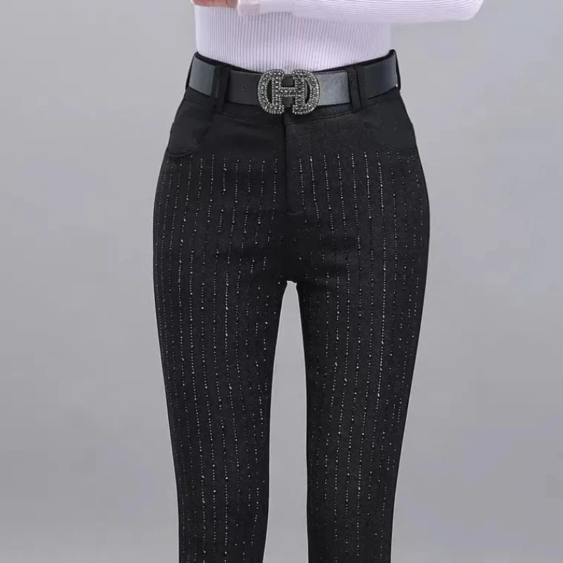 Korean Fashion Autumn Winter High Waist Thicken Pencil Pants Women Solid Diamonds Streetwear Casual Straight Slim Black Trousers