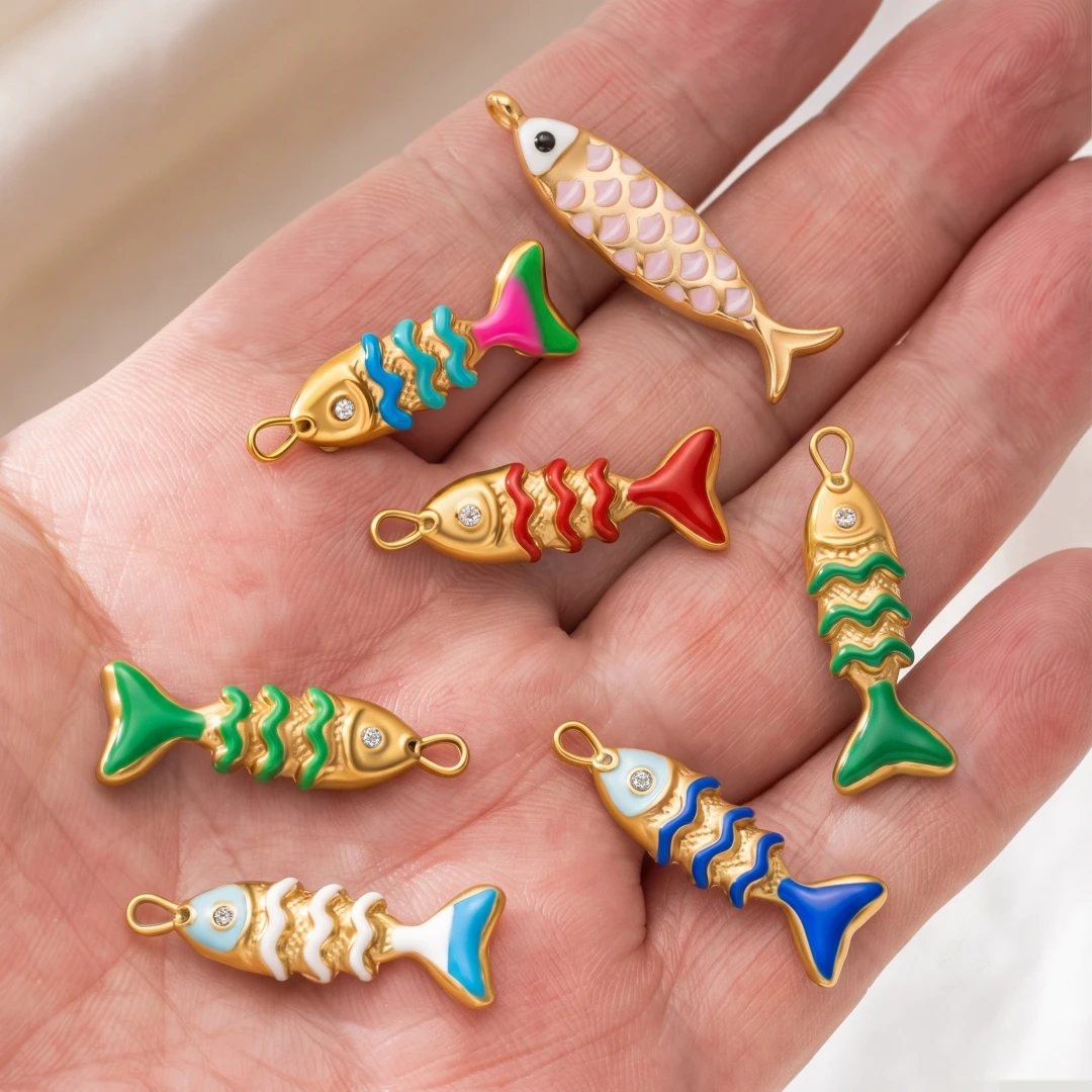 2 Stück/5 Stück Edelstahl-Ozean-Schmuckanhänger, 18K vergoldet, Emaille-Fisch-Tier-3D-Anhänger für DIY-Halsketten-Schmuckherstellung – Detail 2