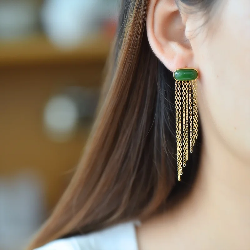 SGARIT Authentic Jadeite Natural Hetian Green Jade S925 Silver 14*61mm Tassel Stud Earrings Simple Retro Design Fine Texture